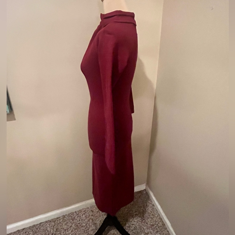 Maroon Bodycon High Draped Neck, Long Sleeve Modi Dress with Bow & Broach, small - Picture 3 of 7